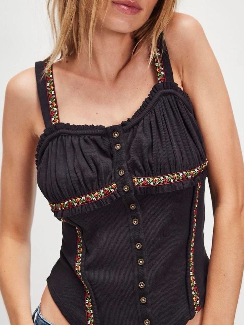 Free People Wilder Ribbed Corset Floral Embroidered Tank Top - S